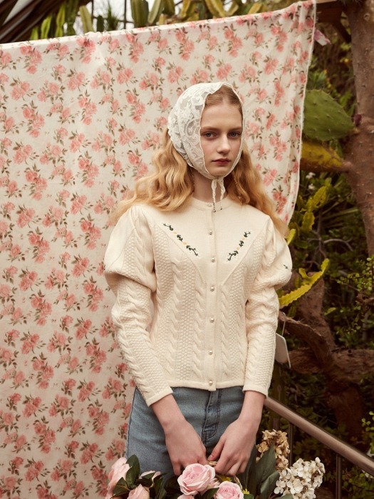 Puff Knit Cardigan with Floral Embroidery (Ivory)