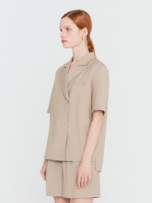 20SS SHORT SLEEVED BLOUSE WITH LAPEL COLLAR - GREIGE