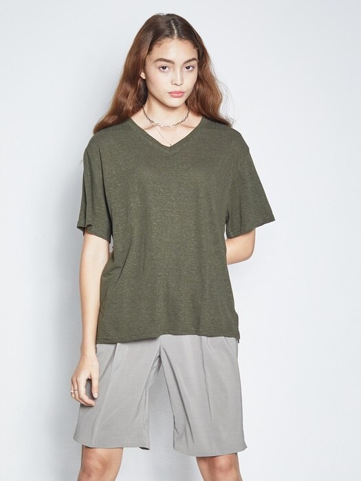 NEW LINEN V NECK T-SHIRT KHAKI