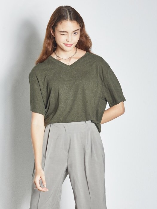 NEW LINEN V NECK T-SHIRT KHAKI