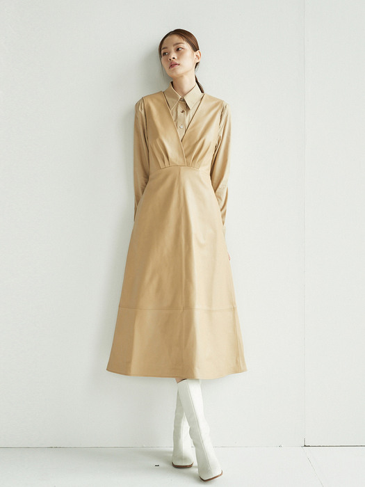 [N]GWANGHWAMUN V-neck leather dress (Sand brown)