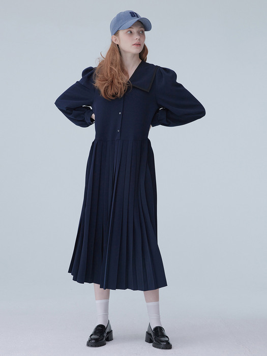 [단독]Ribbon long pleats dress 002 Navy