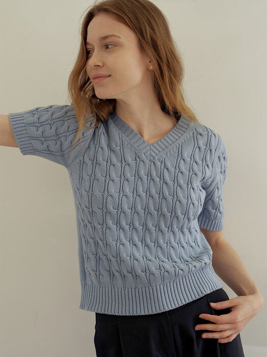 Short Sleeved Cable Knit_Sky Blue