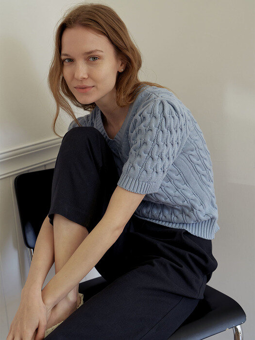 Short Sleeved Cable Knit_Sky Blue