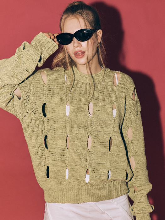 [EXCLUSIVE] CUT-OUT COTTON SWEATER, GREEN