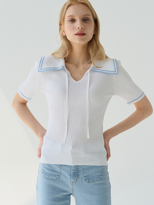 comos508 V-neck two-line sailor knitwear (white)