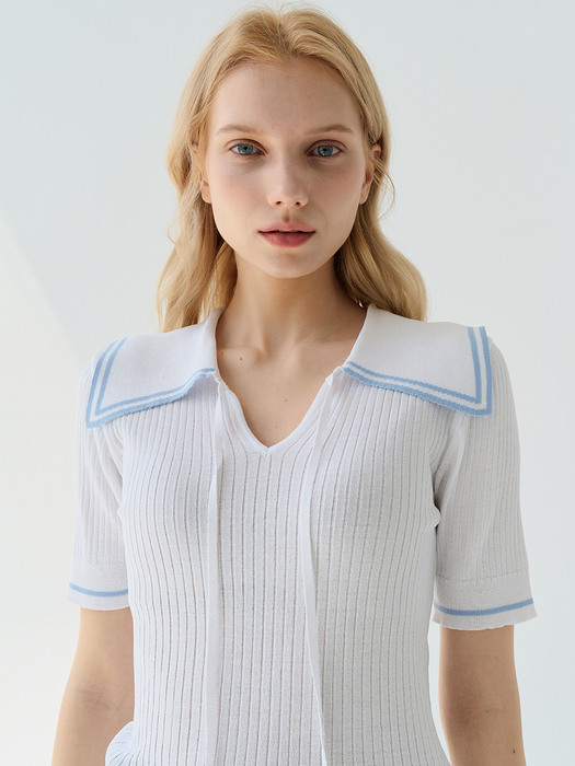 comos508 V-neck two-line sailor knitwear (white)