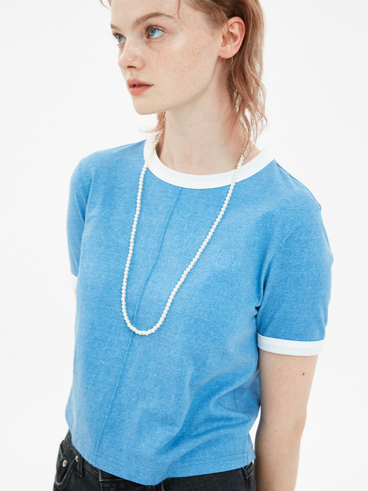 Pin Tuck Pigment Ringer Crop T / Washed Blue