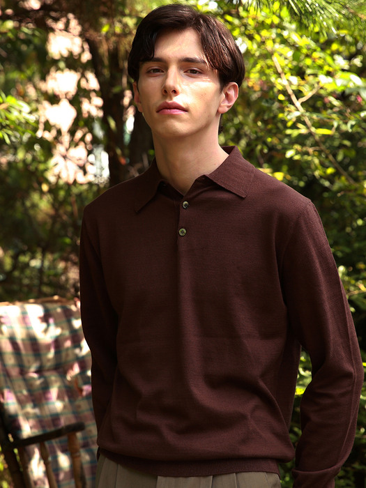 Essential Soft long sleeve polo knit (Brown)