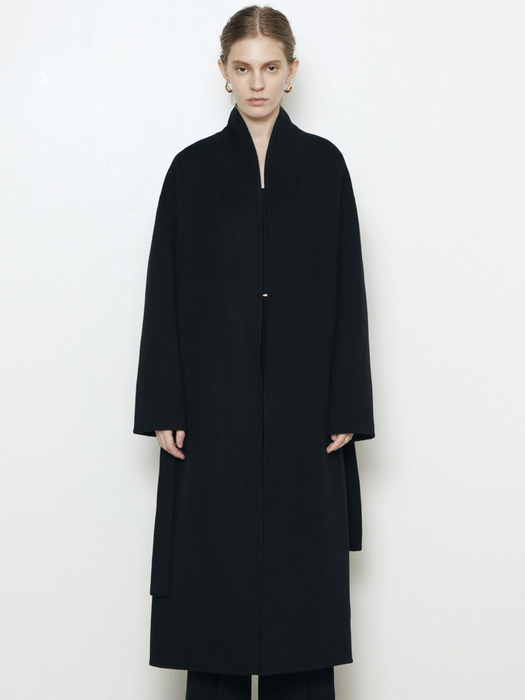 Cashmere Handmade Long Coat with Muffler_Black