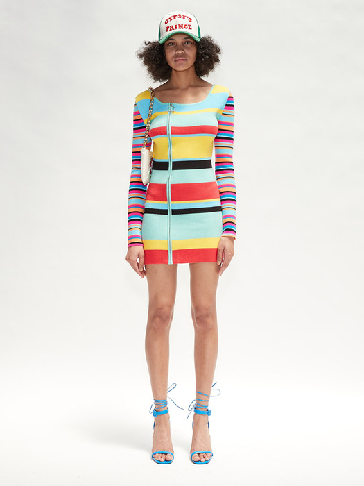 (WOMEN) MULTI STRIPE ZIP UP KNIT MINI DRESS atb713w(MULTI STRIPE)