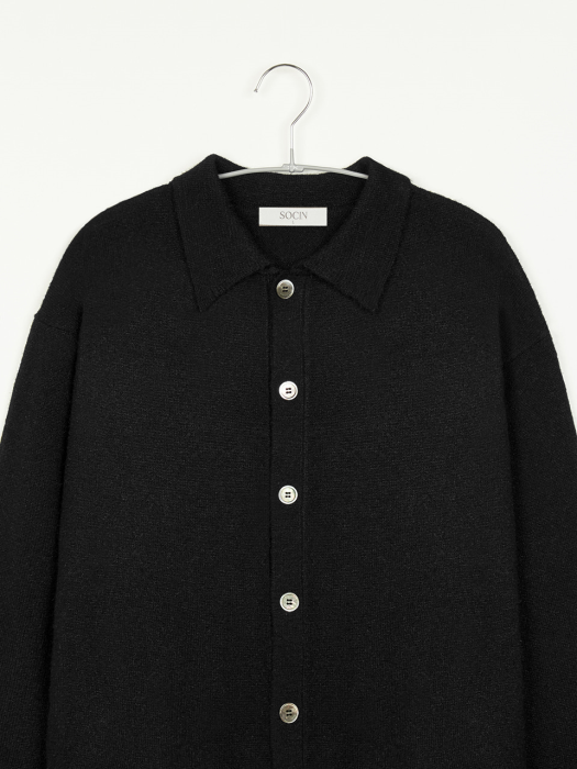 Fuzzy Polo Collar Cardigan (Black)