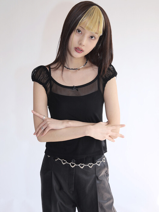 NOFFICIALNOFFICE★韓国★SEE-THROUGH MESH RIBBON TOP/追跡あり SEE-THROUGH MESH RIBBON TOP BLACK