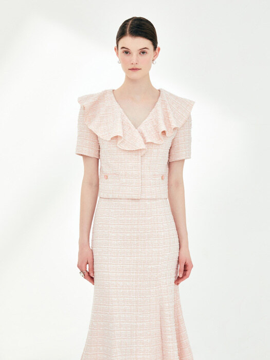 GWEN Ruffled short sleeve tweed jacket (Pale pink)