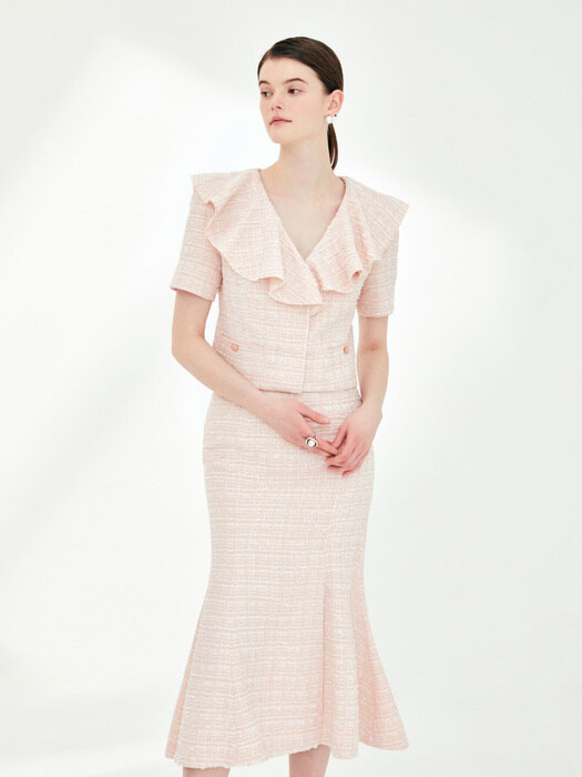 GWEN Ruffled short sleeve tweed jacket (Pale pink)