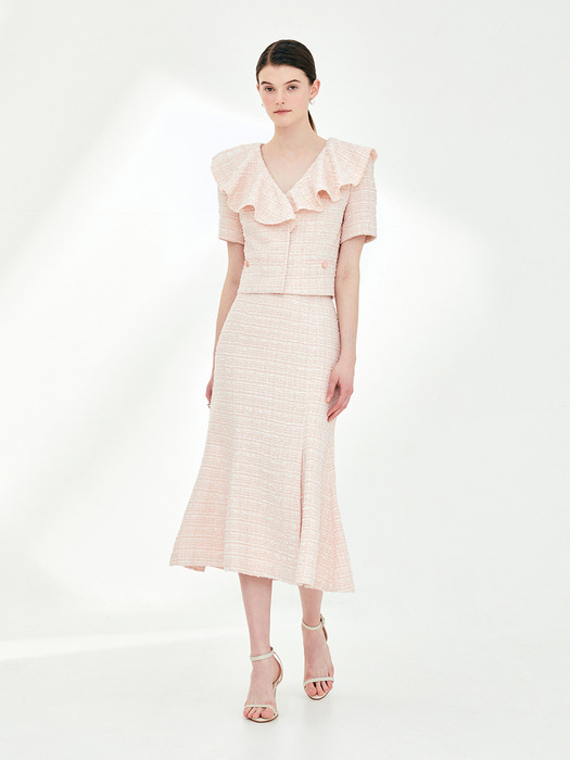 GWEN Ruffled short sleeve tweed jacket (Pale pink)