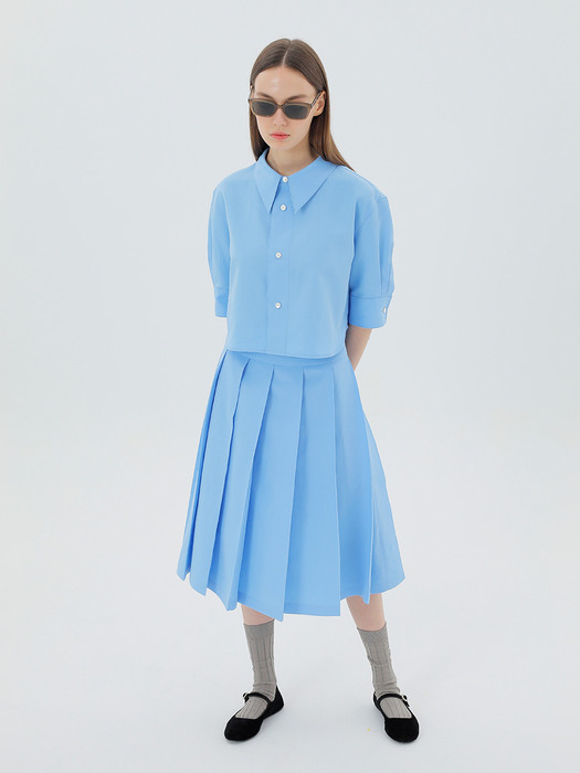 Wide Pleated Midi Skirt Blue