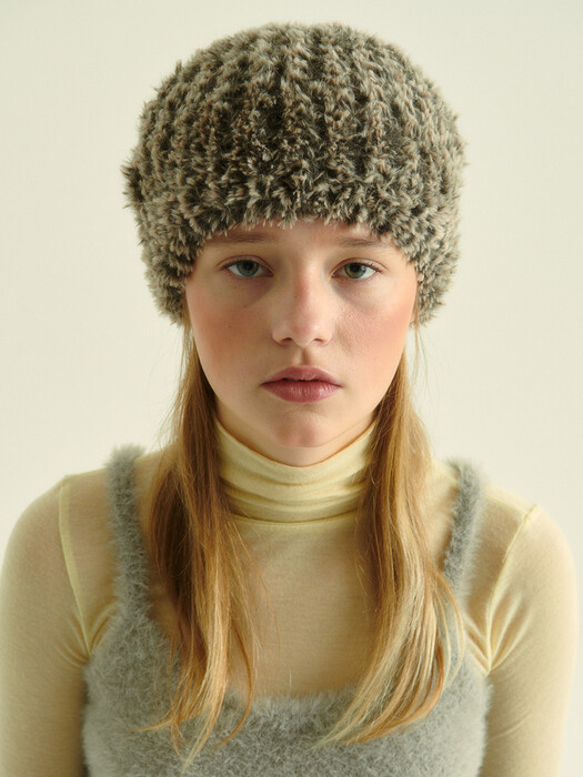 HANDMADE KNIT FUR BERET, MIXEDI BROWN