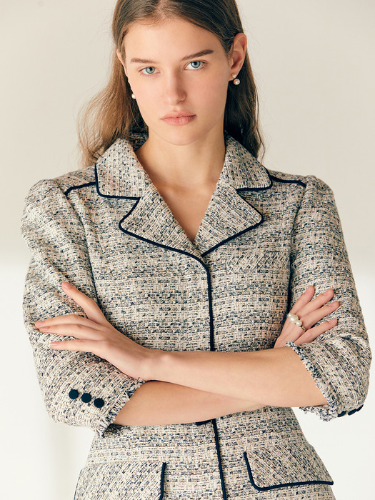 MADISON Notched collar tweed mini dress (Beige&Navy)