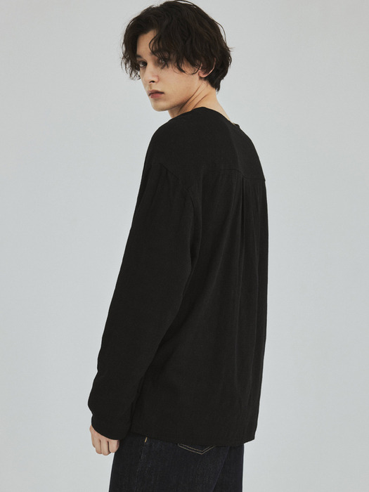 Linen Like Ruffle Cotton Cardigan-BLACK