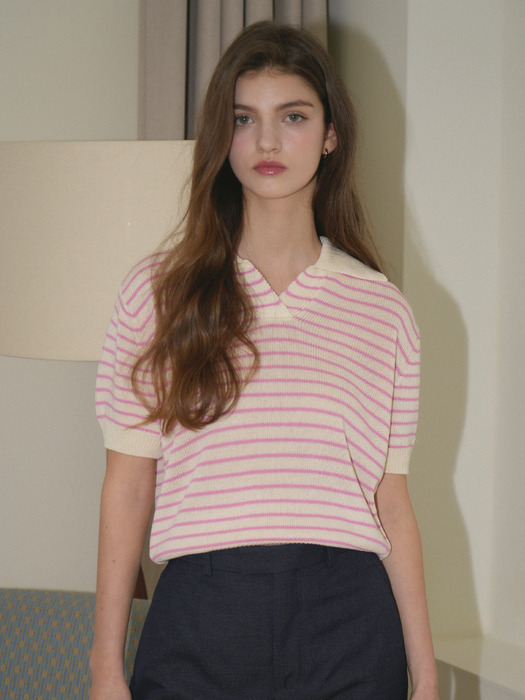 Stripe Collar Half Knit (Pink)