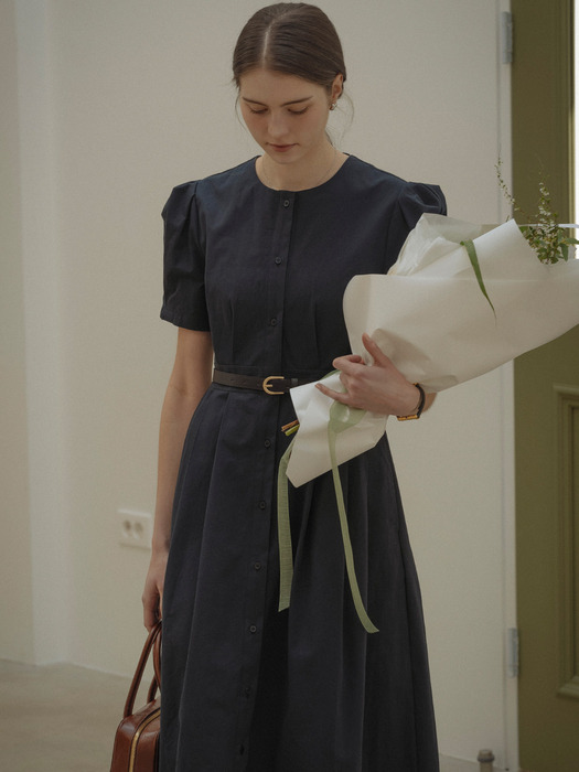 Belt set collarless midi shirt dress_Navy