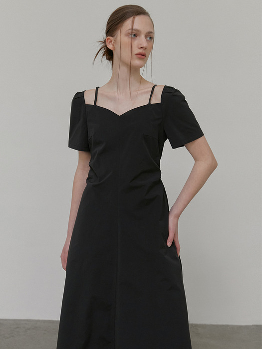 Heart Strap Shirring Dress, Black