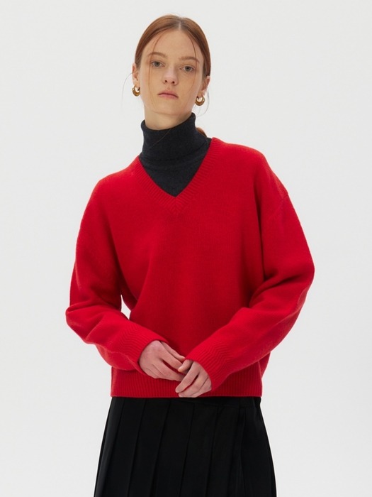 V-neck Superfine Merino Wool Sweater, Red