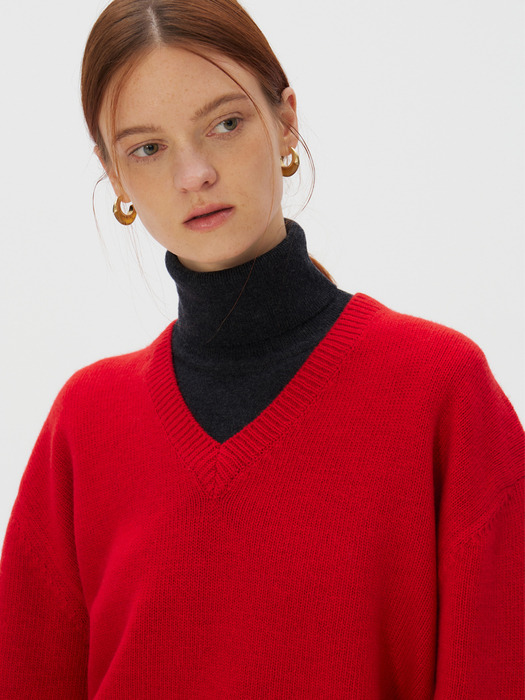 V-neck Superfine Merino Wool Sweater, Red