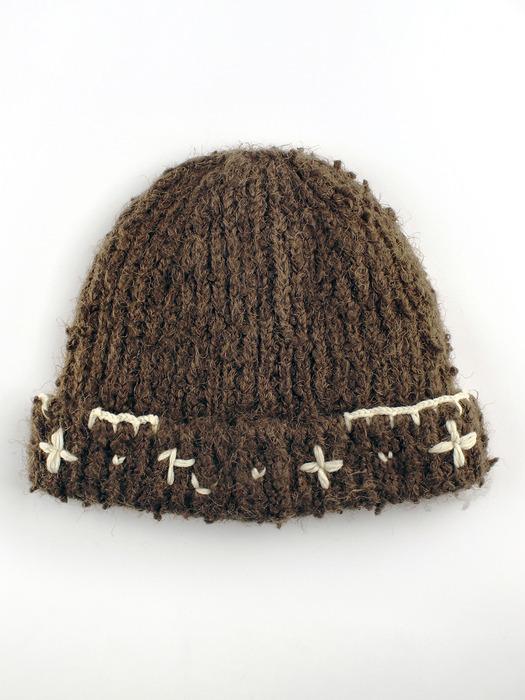 Flower Hand Stitched Beanie_BROWN