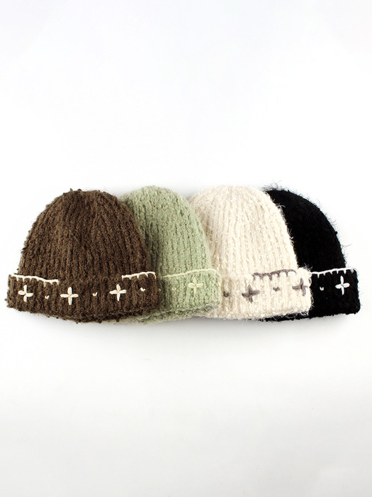 Flower Hand Stitched Beanie_BROWN