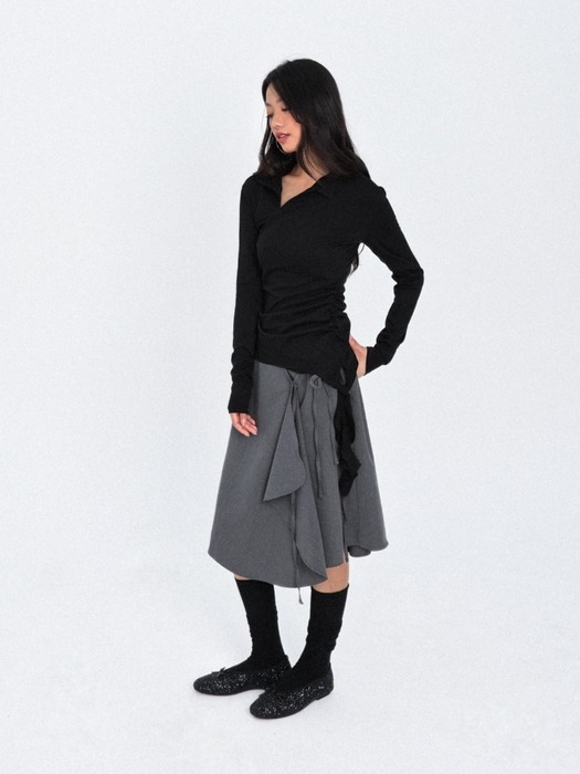 올드 메모리 스트라이프 랩 미디 스커트 (Charcoal Stripe)