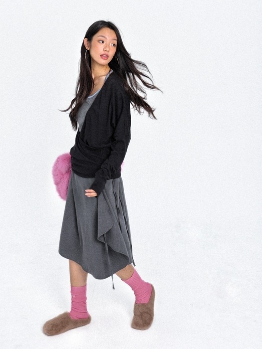 올드 메모리 스트라이프 랩 미디 스커트 (Charcoal Stripe)