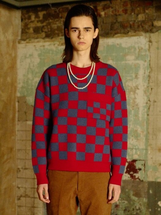[UNISEX] CHECKERBOARD WOOL KNIT - RED