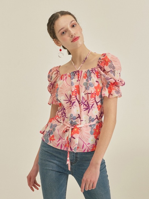 FLOWER PATTERN SEMI OFF SHOULDER BLOUSE_PEACH PINK