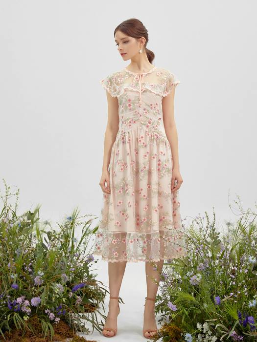 FORS / Ruffle Flower Lace Dress (pink)