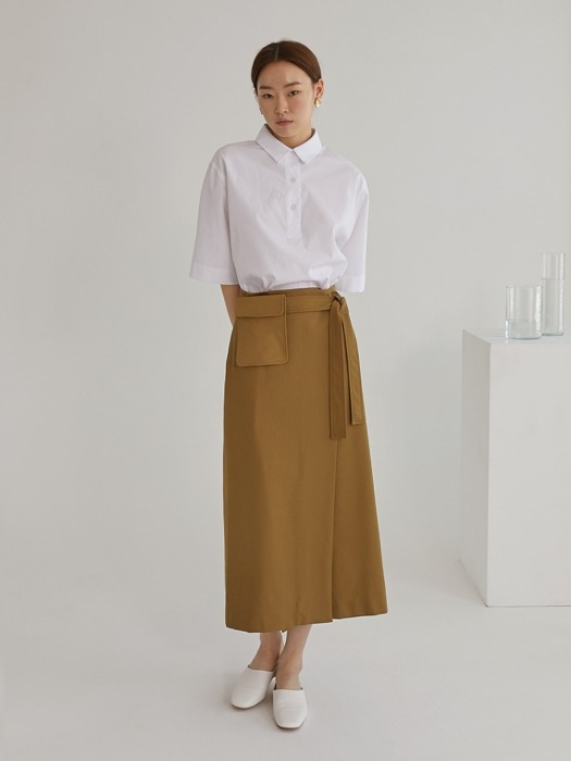 Pocket linen wrap skirt_Khaki