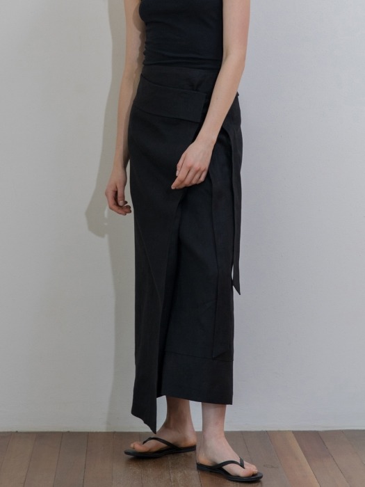 Linen Long Wrap Skirt_BK