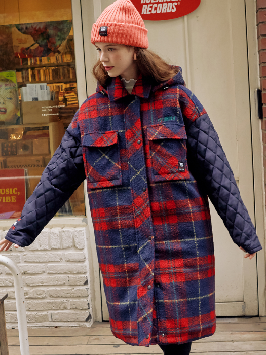(CT-19703) CHECK SLEEVE QUILTING COAT NAVY