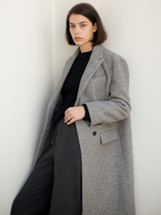 Wool Double-Breasted Long Coat - Grey