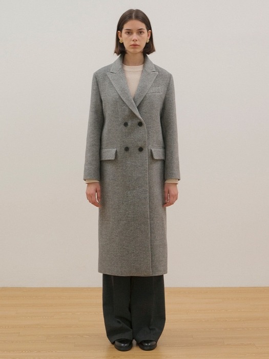 Wool Double-Breasted Long Coat - Grey