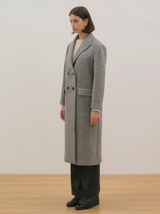 Wool Double-Breasted Long Coat - Grey