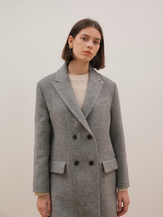 Wool Double-Breasted Long Coat - Grey