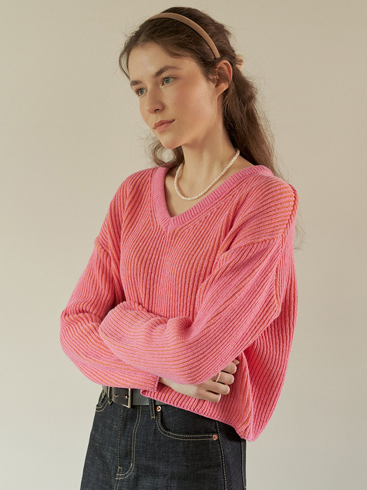 A TWO-TONE KNIT TOP_PINK