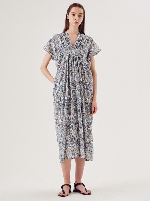 Double V-neck Pintuck Dress [Blue] -Liberty Fabric