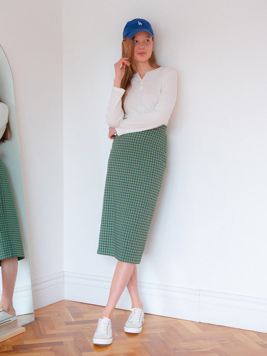 CHECK MIDI SKIRT_GREEN