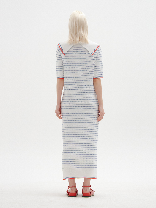 SAVONA Stripe Knit Maxi Dress - White/Blue Stripe