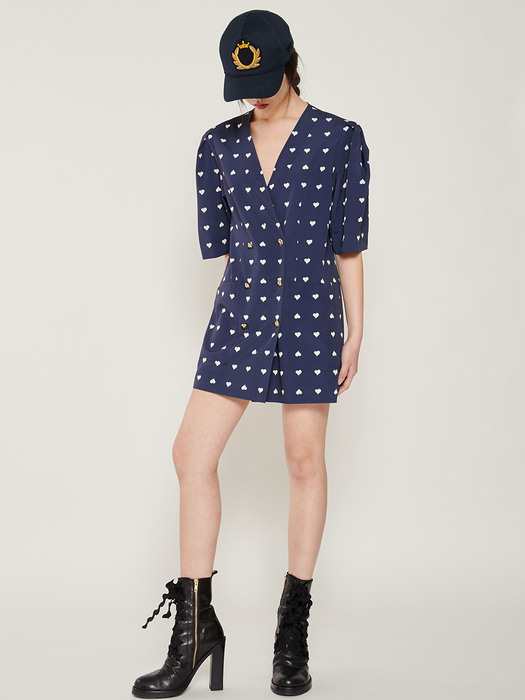 NAVY HEART-PRINT V NECK PUFF SLEEVE DRESS