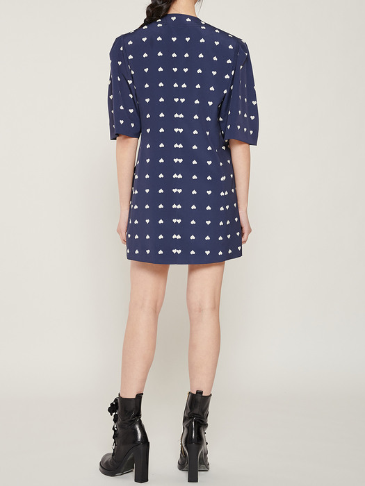 NAVY HEART-PRINT V NECK PUFF SLEEVE DRESS