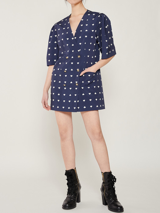 NAVY HEART-PRINT V NECK PUFF SLEEVE DRESS